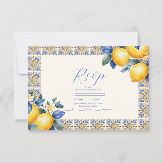 Chic Lemon Blumengrün mediterrane Hochzeit RSVP Karte (Vorderseite)