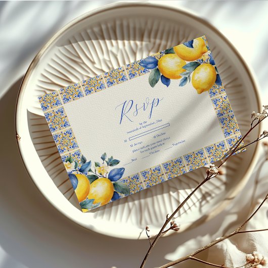 Chic Lemon Blumengrün mediterrane Hochzeit RSVP Karte