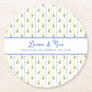 Chic Lemon Citrus Blue & Yellow Summer Wedding Runder Pappuntersetzer