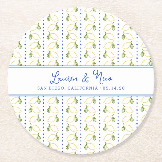 Chic Lemon Citrus Blue & Yellow Summer Wedding Runder Pappuntersetzer (Vorderseite)