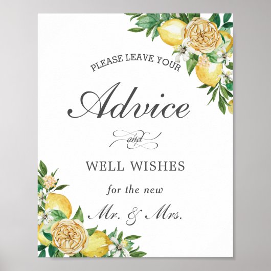 Chic Lemon Floral Advice und Wünsche Hochzeitszeic Poster (Vorne)