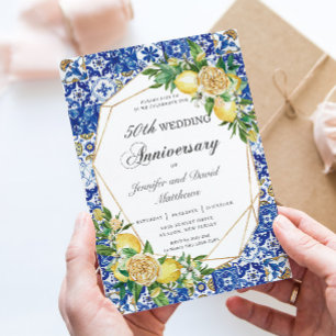 Chic Lemon Floral Geometric Wedding Anniversary Einladung