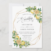 Chic Lemon Floral Greenery Geometric Wedding Einladung (Vorderseite)