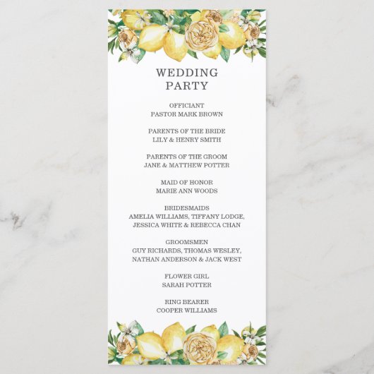 Chic Lemon Floral Mediterranean Wedding Program Programm (Rückseite)