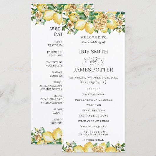 Chic Lemon Floral Mediterranean Wedding Program Programm (Vorne/Hinten)