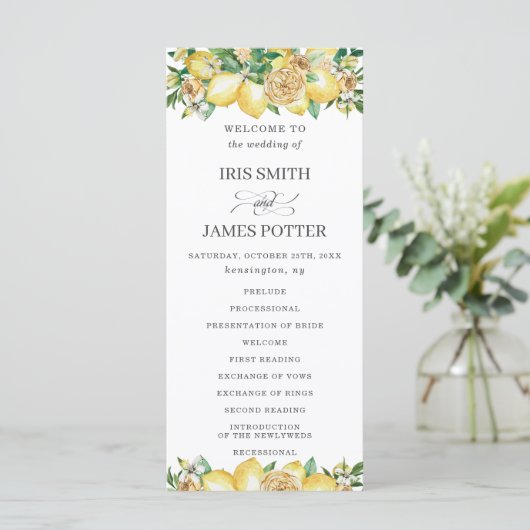 Chic Lemon Floral Mediterranean Wedding Program Programm (Stehend Vorderseite)