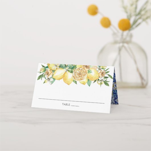 Chic Lemon Greenery Floral Mediterrane Hochzeit Platzkarte (Vorderseite)