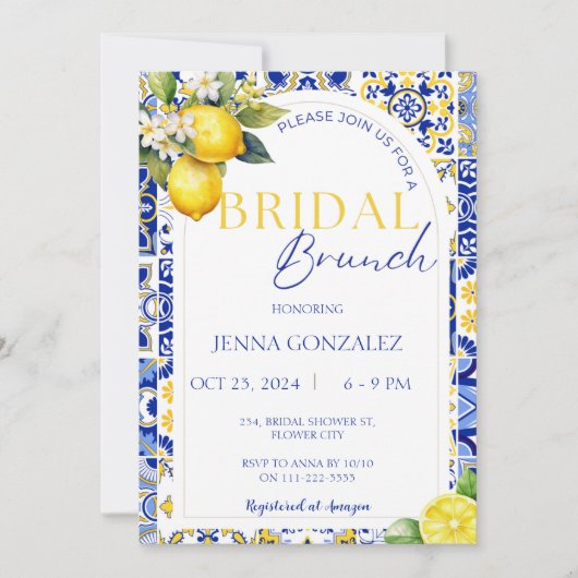 Chic Lemon Mediterranean Blue Tiles Bridal Brunch Einladung (Vorderseite)