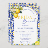 Chic Lemon Mediterranean Blue Tiles Bridal Brunch Einladung (Vorne/Hinten)