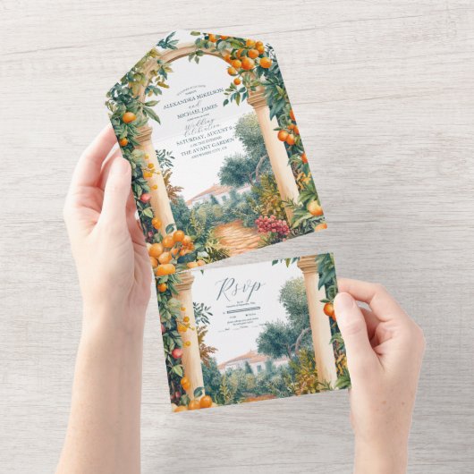 Chic Lemon Mediterranean Summer Wedding All In One Einladung (Abreißen)