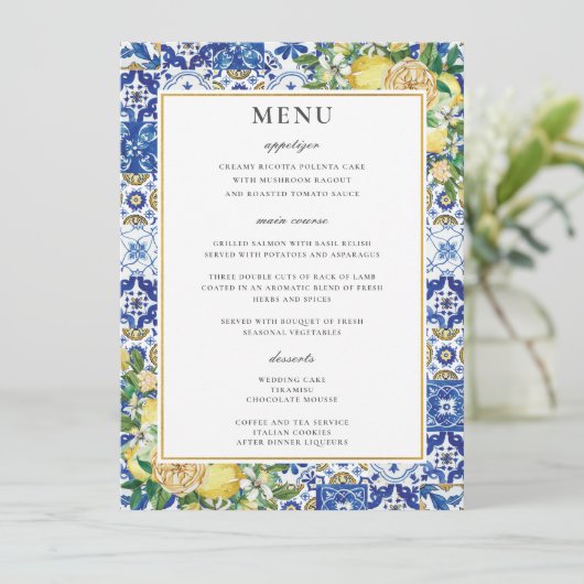 Chic Lemons Blumengrün Mosaic Wedding Menu Programm (Stehend Vorderseite)