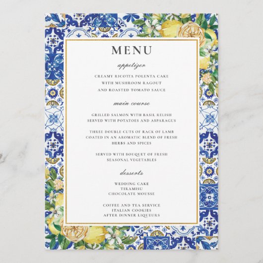 Chic Lemons Blumengrün Mosaic Wedding Menu Programm (Vorderseite)