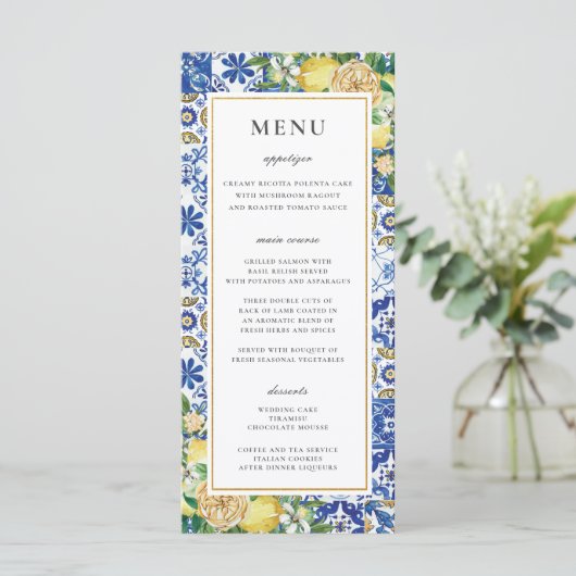 Chic Lemons Blumengrün Mosaic Wedding Menu Programm (Stehend Vorderseite)