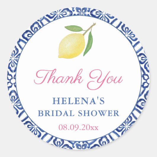 Chic Lemons Italian Blue Tiles Brautparty Fevor Runder Aufkleber (Vorderseite)