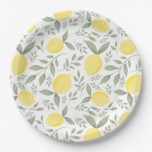 Chic Lemons und Blätter Muster Monogramm Pappteller (Vorderseite)