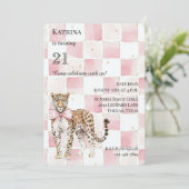 Chic Leopard Pink Bow Squares Geburtstag Einladung (Stehend Vorderseite)