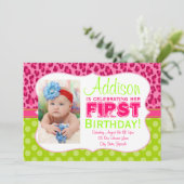 Chic Leopard & Polka Dots Lime Green & Pink Einladung (Stehend Vorderseite)