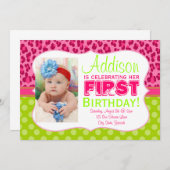 Chic Leopard & Polka Dots Lime Green & Pink Einladung (Vorne/Hinten)