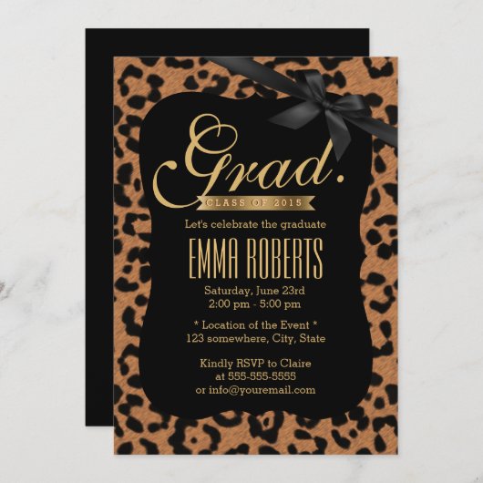 Chic Leopard Print Black Ribbon Abschluss Einladung (Vorne/Hinten)