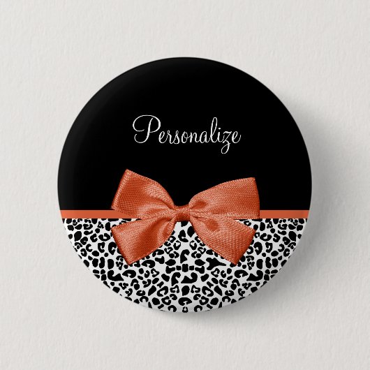 Chic Leopard Print Burnt Orange Bow und Name Button (Vorderseite)