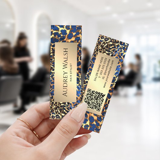 Chic Leopard Print Gold Glitter Luxus QR Code Mini Visitenkarte