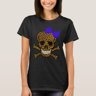 Chic Leopard Print Pirate Skull Blue Bow T-Shirt