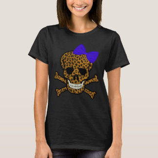 Chic Leopard Print Pirate Skull Blue Bow T-Shirt