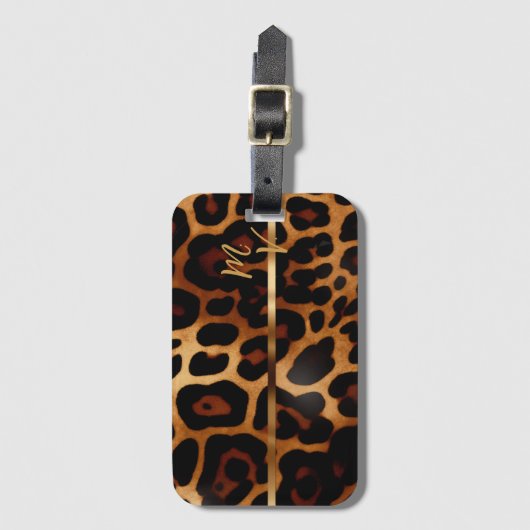 Chic Leopard Print und Gold Mit Monogramm Gepäckanhänger (Vorderseite Vertikal)