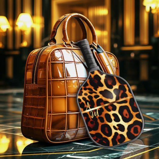Chic Leopard Print und Gold Mit Monogramm Pickleball Schläger