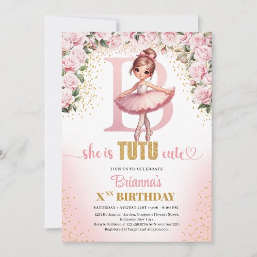 Chic Letter B monogram ballerina Mädchen Geburtsta Einladung (Vorderseite)