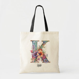 Chic Letter K Monogramm für den Whimsikfloralbri Tragetasche