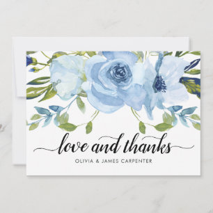 Chic Liebe und Dank Dusty Blue Floral Watercolor Dankeskarte
