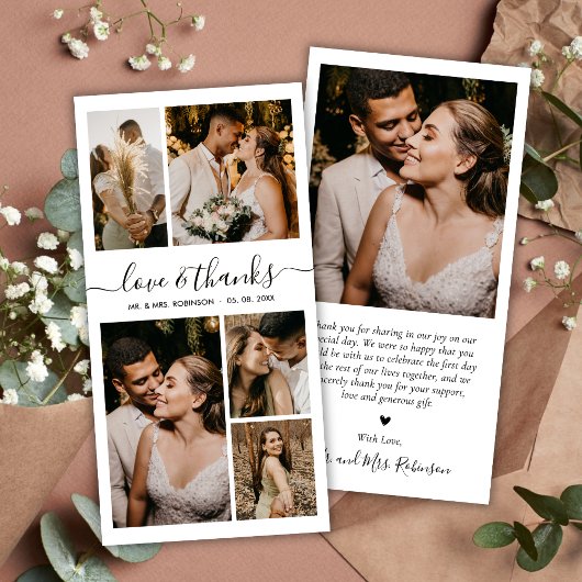 Chic Liebe und dank Script Foto Collage Hochzeit Dankeskarte