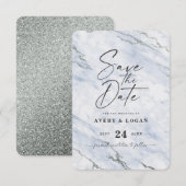 Chic Light Blue Marmor mit Silver Glitzer Save The Date (Vorne/Hinten)