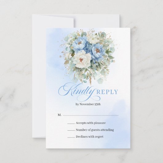 Chic Light Blue Peonies Gold Wedding RSVP (Vorderseite)