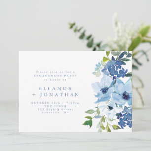 Chic Light Blue Watercolor Floral Engagement Party Einladung
