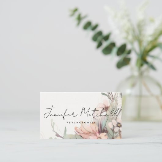 Chic Light Rose Sage Green Bohemisch Floral Script Visitenkarte (Stehend Vorderseite)