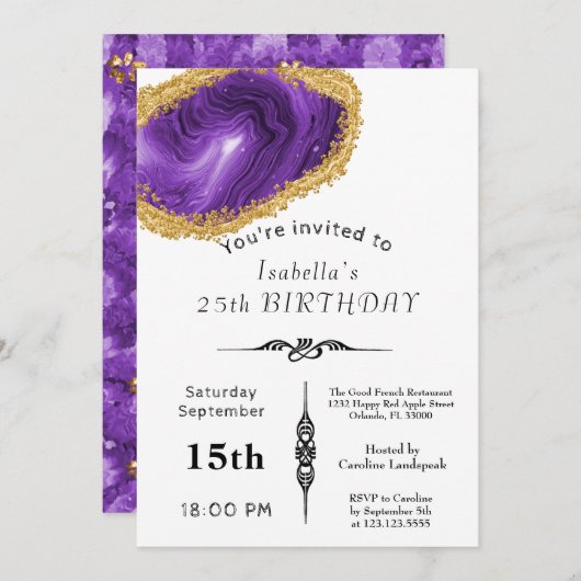 Chic Lila Agate Gold Gilded zum Geburtstag Einladung (Vorne/Hinten)