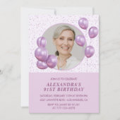 Chic Lila Balloons Foto 91. Geburtstag Einladung (Vorderseite)