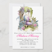 Chic Lila Blumengarten Stuhl Babydusche Einladung (Vorderseite)