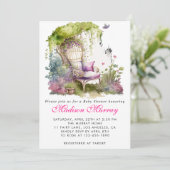 Chic Lila Blumengarten Stuhl Babydusche Einladung (Stehend Vorderseite)