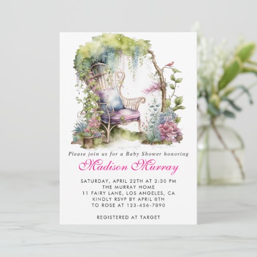Chic Lila Blumengarten Stuhl Babydusche Einladung (Stehend Vorderseite)