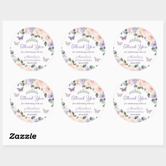 Chic Lila Blush Floral Butterfliegen Silver Quince Runder Aufkleber (Blatt)