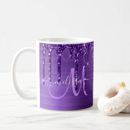 Chic Lila Driving Glitzer Brush Metal Monogram Kaffeetasse (Mit Donut)