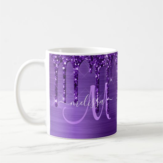 Chic Lila Driving Glitzer Brush Metal Monogram Kaffeetasse (Links)
