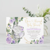 Chic Lila Floral Elephant Drive by Baby Dusche Einladung (Stehend Vorderseite)