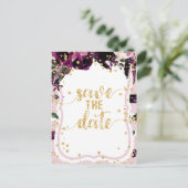 Chic Lila Floral & Gold Hochzeit Sichern Sie das D Ankündigungspostkarte (Stehend Vorderseite)