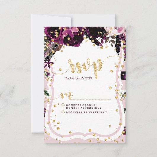 Chic Lila Floral & Gold Wedding RSVP Response Karte (Vorderseite)
