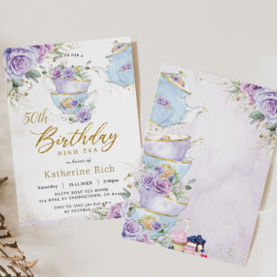 Chic Lila floral High Tea 50. Geburtstagsparty Einladung