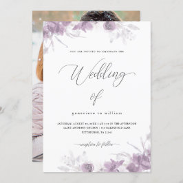 Chic Lila Floral mit kalligrafischem Foto Hochzeit Einladung